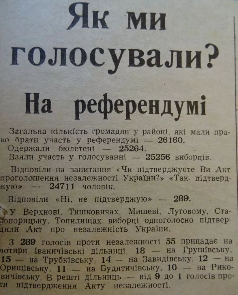 Іваничі: що про Всеукраїнський референдум 1-го грудня 1991 року писала газета "Колос"? 3